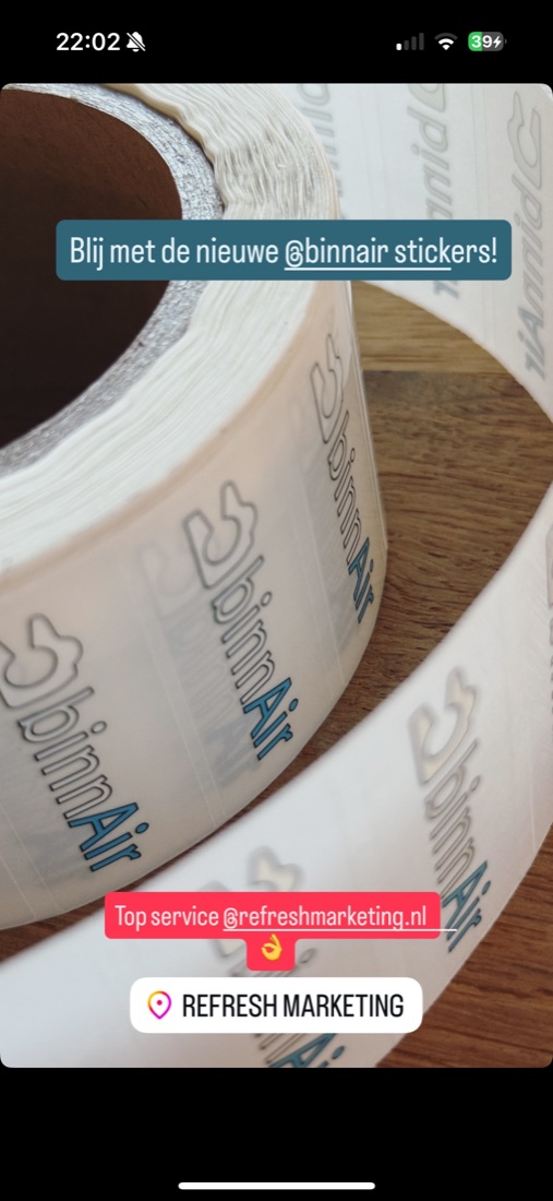 Transparante stickers met witprint die overal opvallen: BinnAir